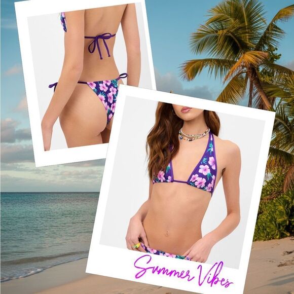 Frankies Bikinis Harlow Shine Halter Top & Tia Satin Bottom Purple Hibiscus LRG - Picture 1 of 14